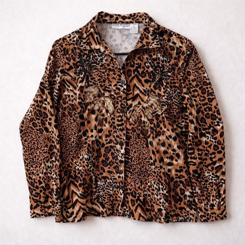 Vtg Y2K leopard animal prints maximalist cat kitty shacket embroidery‎ mob wife